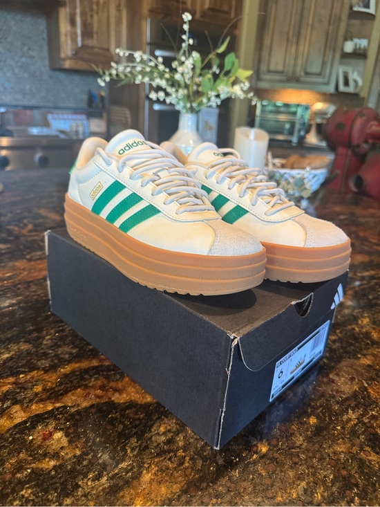 adidas Shoes - Adidas Women's VL Court White Sneakers with Green Stripes & Gum Platform